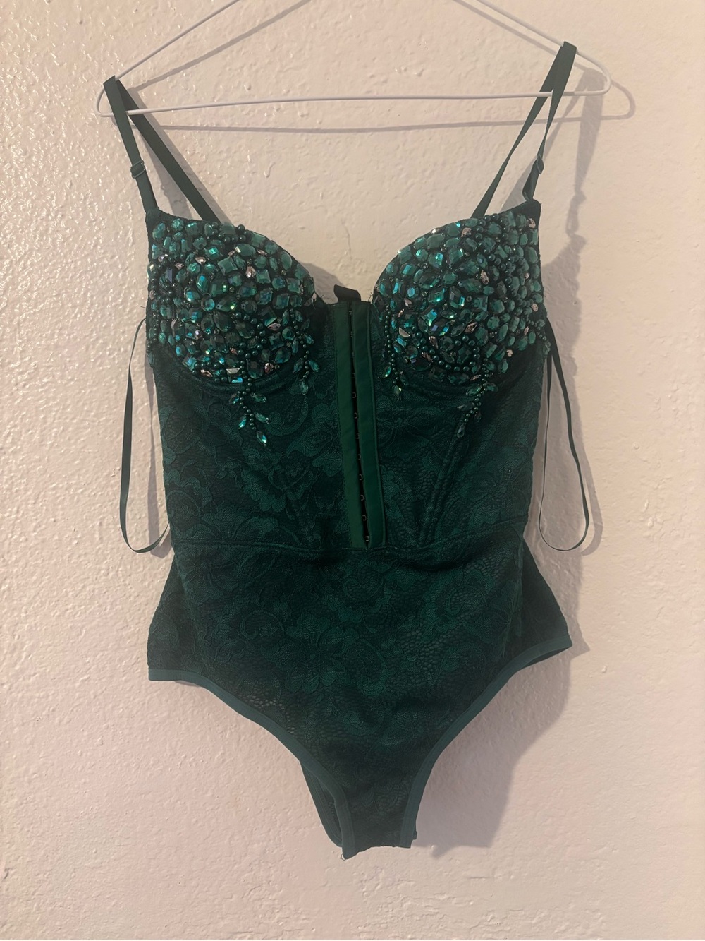 Windsor Teal Green Jeweled Lace Bodysuit